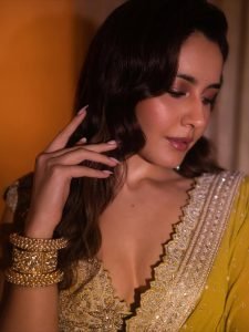 Sparkling crystal details on Raashi Khanna unique olive saree