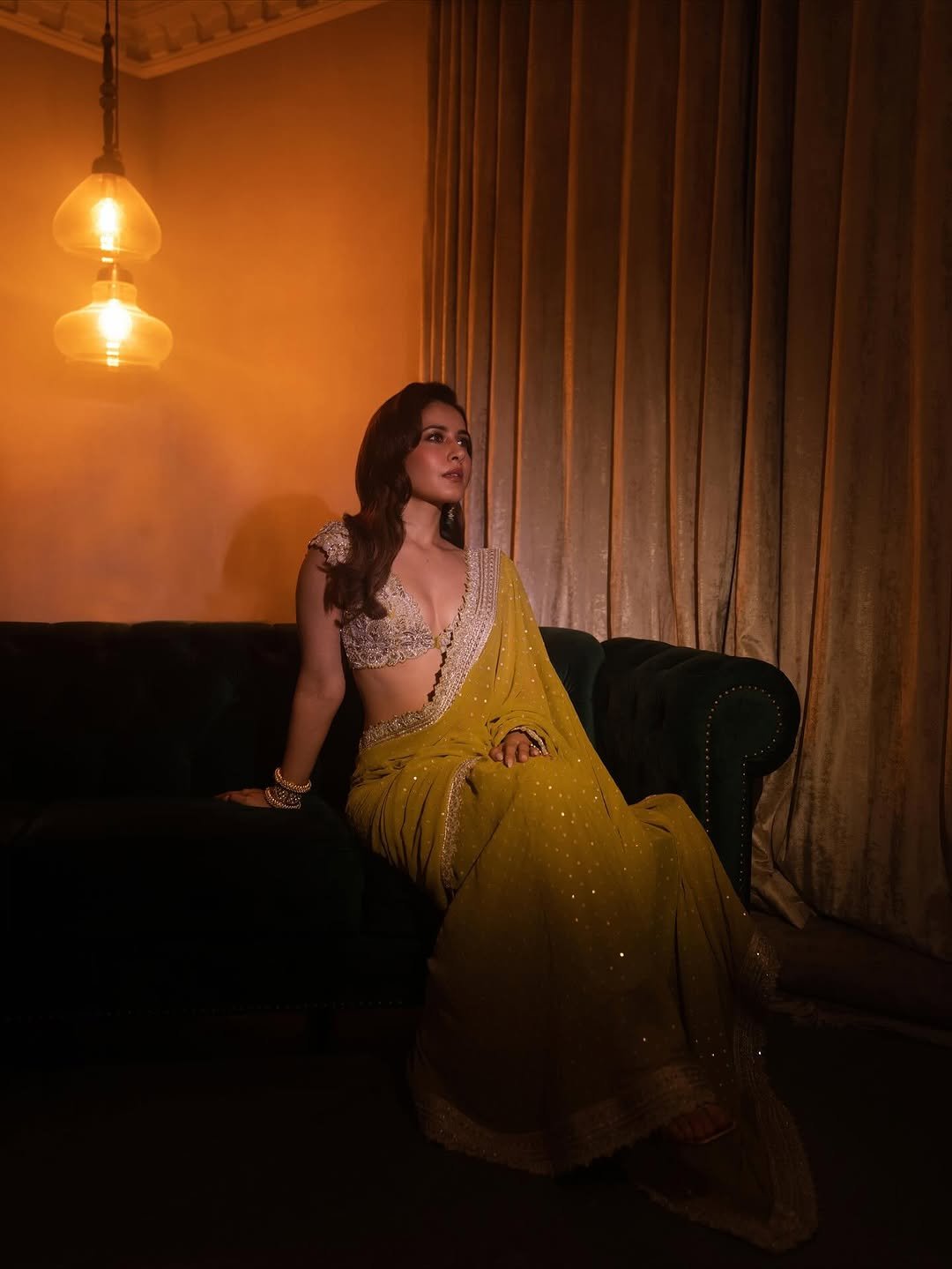 Raashi Khanna olive crystal saree warm lights glam Photoshoot (7)