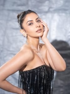 Rakul Preet Singh black sequin corset gown with dramatic high slit