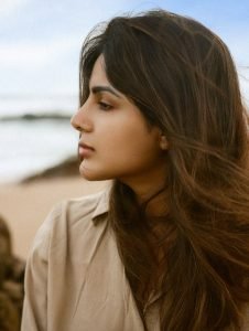 Samyuktha sand-beige shirt with ocean breeze beach portrait