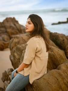 Samyuktha relaxed beach look in sand-colored casual shirt
