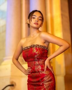 Anushka Sen Bold Red Strapless Mini Dress – Party Night Elegance (22)