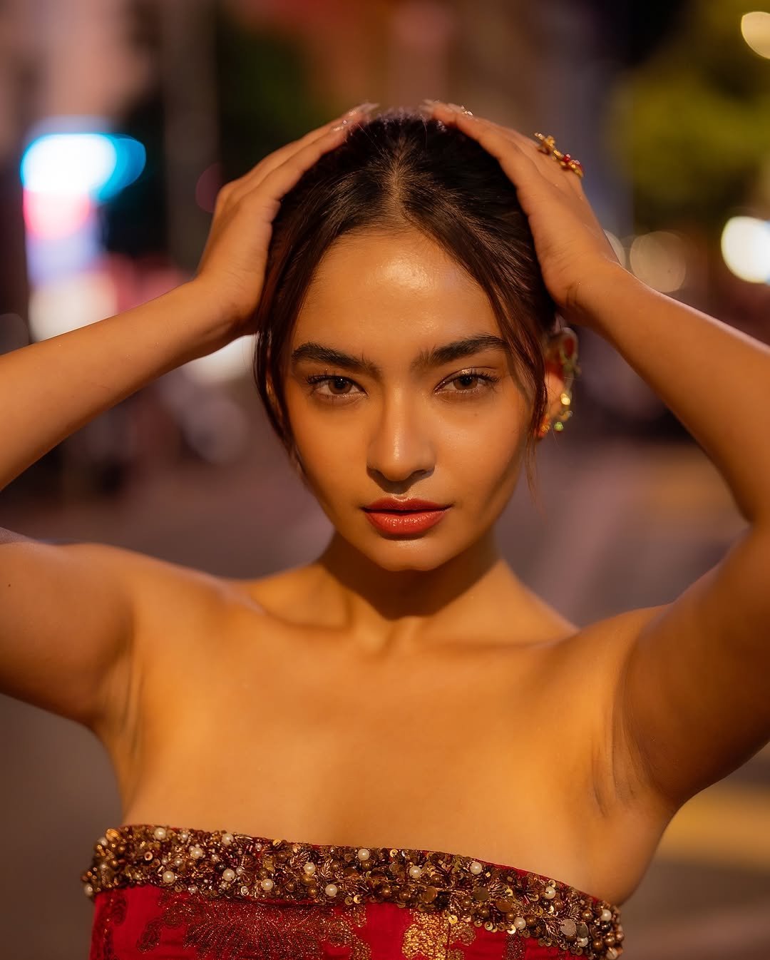 Anushka Sen Bold Red Strapless Mini Dress – Party Night Elegance (38)