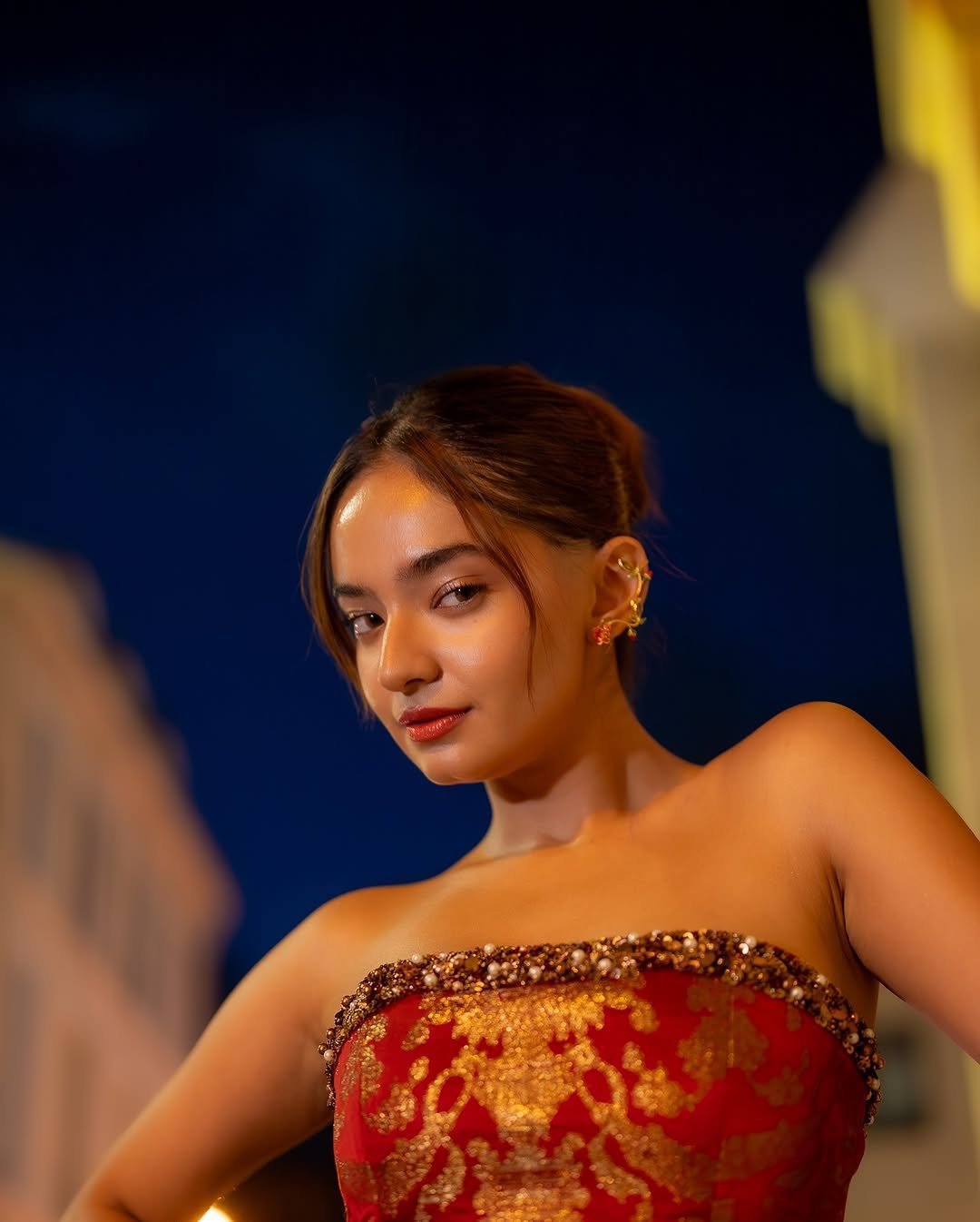 Anushka Sen Bold Red Strapless Mini Dress – Party Night Elegance (7)