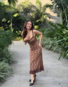 Indian actress Anushka Sen elegant lace dress nature