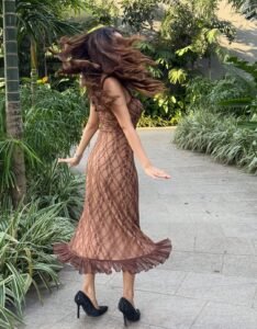 Indian actress Anushka Sen elegant lace dress nature