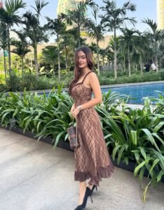 Indian actress Anushka Sen elegant lace dress nature