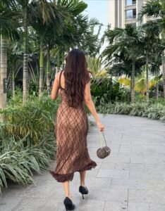 Indian actress Anushka Sen elegant lace dress nature