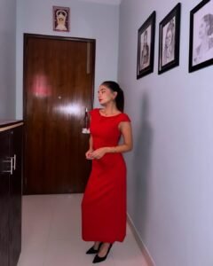 Anushka Sen Chic Red Bodycon Dress Indoor Photoshoot (13)