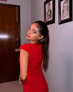 Anushka Sen Chic Red Bodycon Dress Indoor Photoshoot (8)