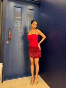 Anushka Sen red spaghetti strap mini dress bold