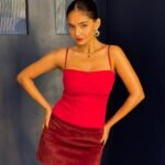 Indian actress Anushka Sen trendy red dress photo