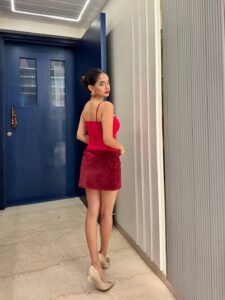 Indian actress Anushka Sen trendy red dress photo