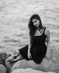 Anushka Sen elegant black dress coastal photoshoot