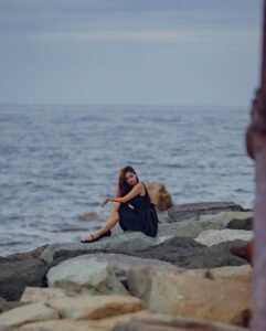 Anushka Sen elegant black dress coastal photoshoot