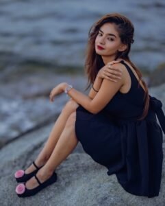 Anushka Sen elegant black dress coastal photoshoot