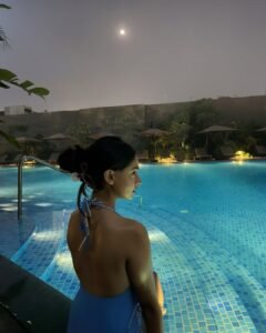 Anushka Sen Luxe Blue Swimsuit Evening Resort Lounge Shoot (11)