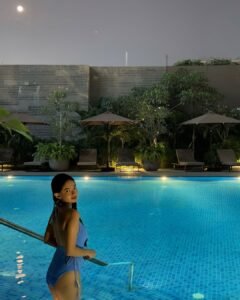 Anushka Sen Luxe Blue Swimsuit Evening Resort Lounge Shoot (14)
