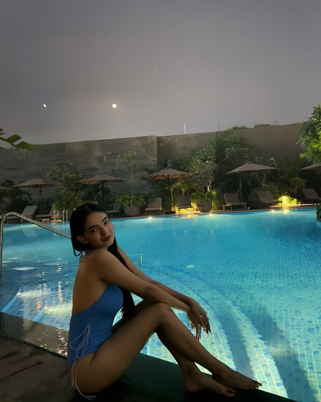 Anushka Sen Luxe Blue Swimsuit Evening Resort Lounge Shoot (15)