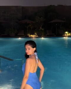 Anushka Sen Luxe Blue Swimsuit Evening Resort Lounge Shoot (16)