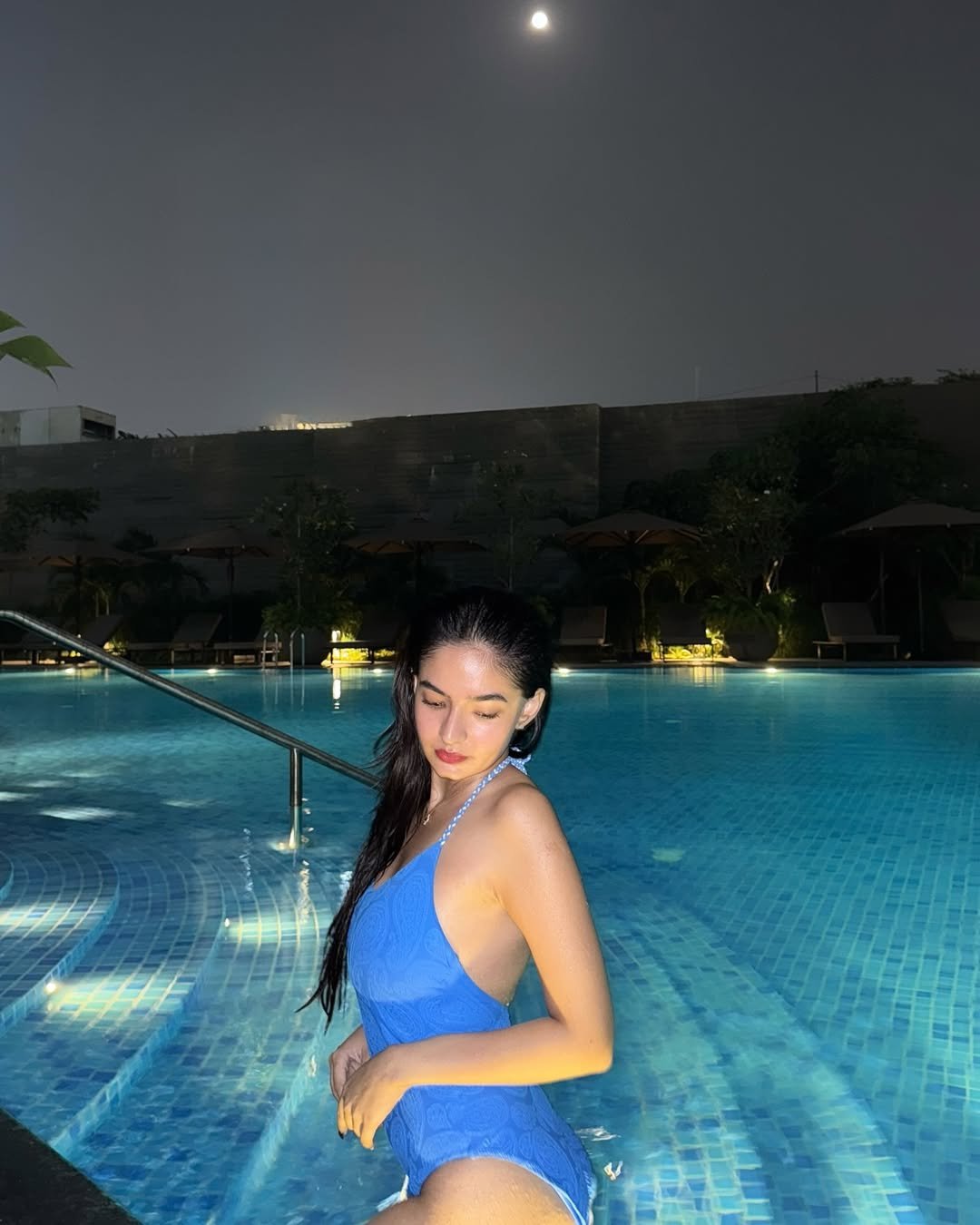 Anushka Sen Luxe Blue Swimsuit Evening Resort Lounge Shoot (2)