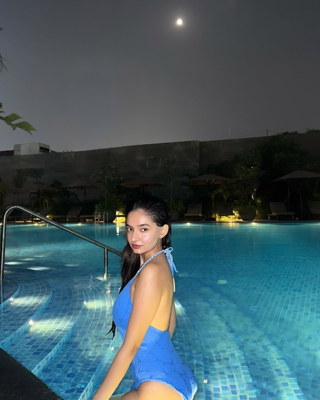 Anushka Sen Luxe Blue Swimsuit Evening Resort Lounge Shoot (5)