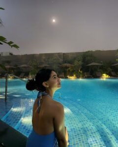 Anushka Sen Luxe Blue Swimsuit Evening Resort Lounge Shoot (6)