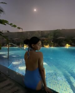 Anushka Sen Luxe Blue Swimsuit Evening Resort Lounge Shoot (7)