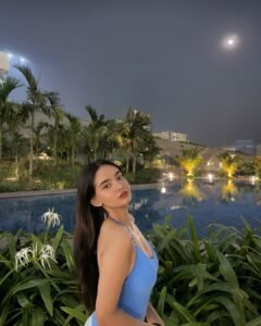 Anushka Sen Luxe Blue Swimsuit Evening Resort Lounge Shoot (9)