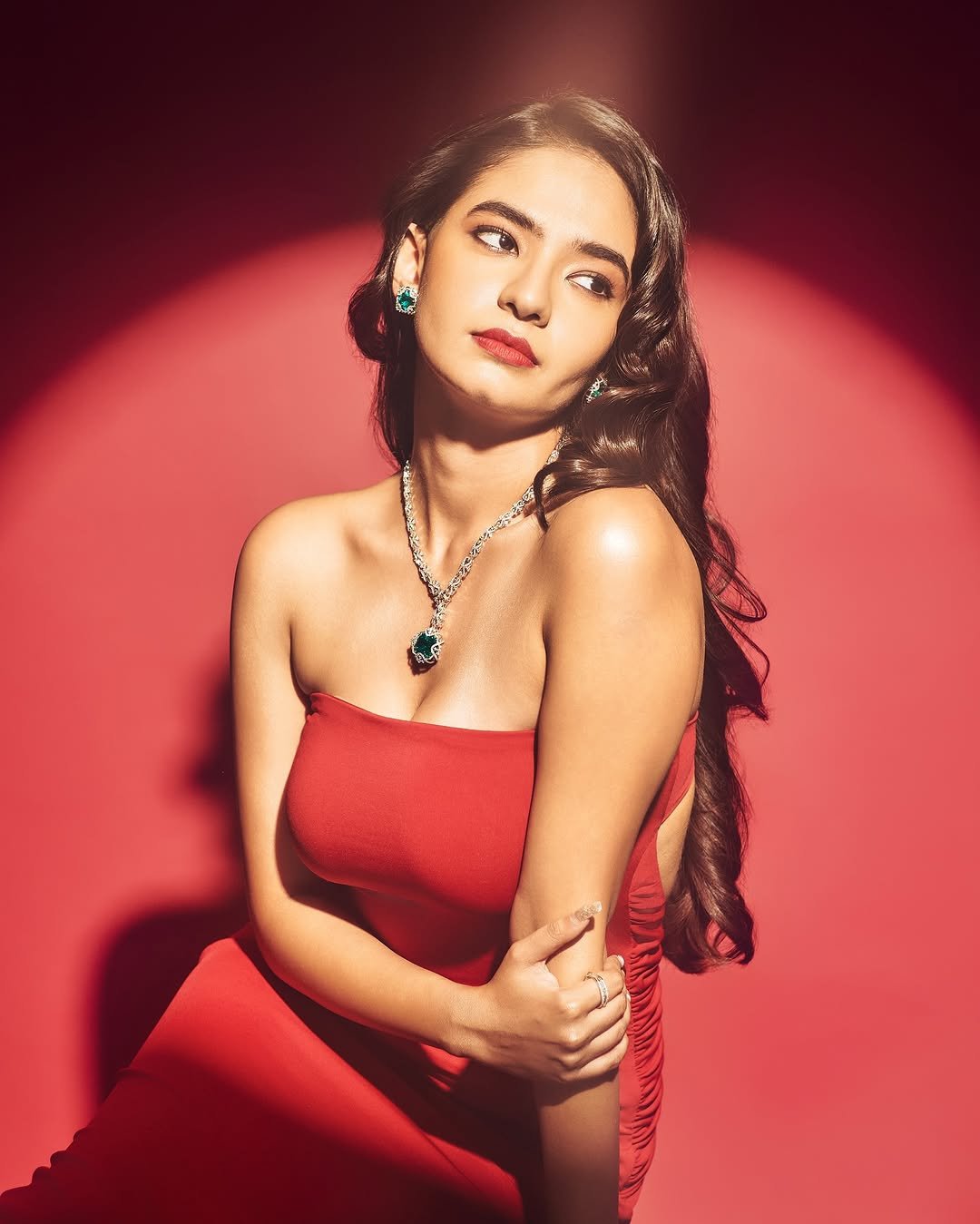 Anushka Sen Luxe Red Strapless Gown Glamorous Studio Shoot (27)