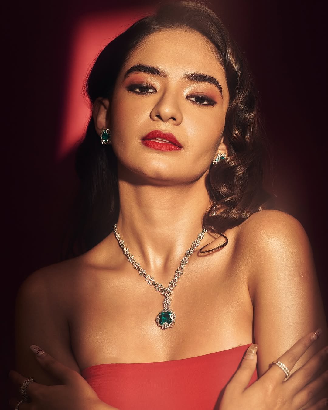 Anushka Sen Luxe Red Strapless Gown Glamorous Studio Shoot (32)