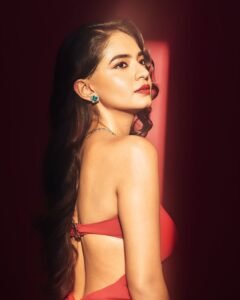 Anushka Sen Luxe Red Strapless Gown Glamorous Studio Shoot (38)