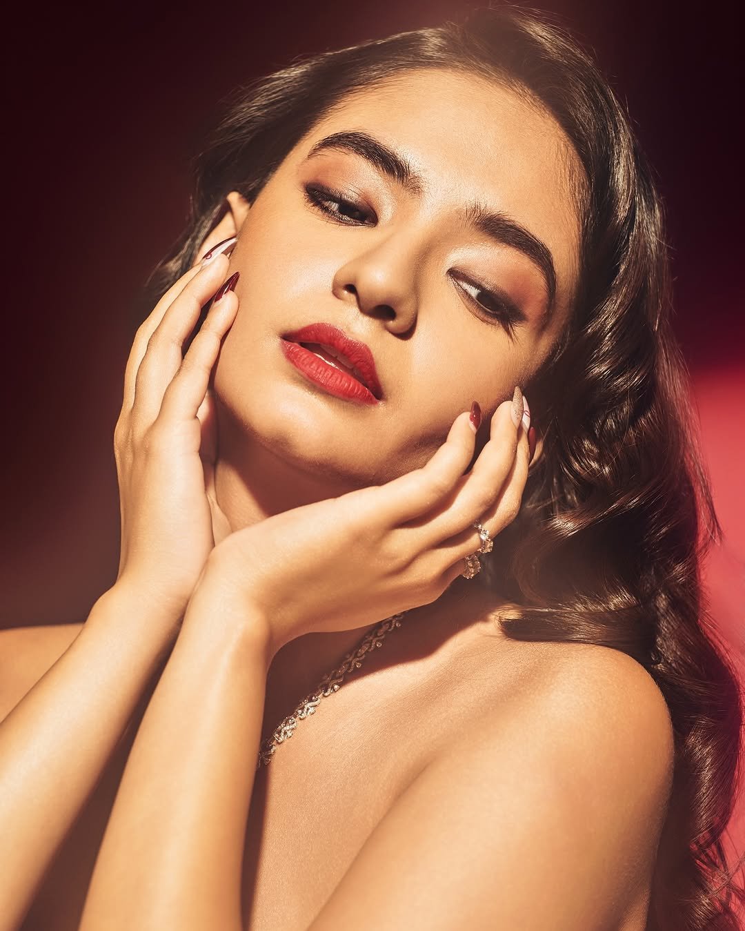 Anushka Sen Luxe Red Strapless Gown Glamorous Studio Shoot (5)