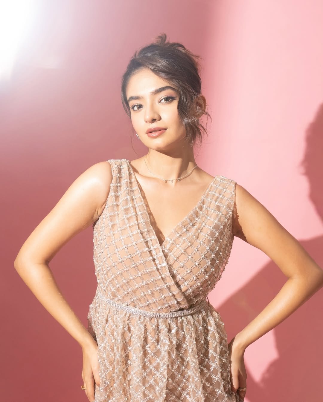 Anushka Sen Pastel Netted Gown Elegant Pink Backdrop Shoot (11)