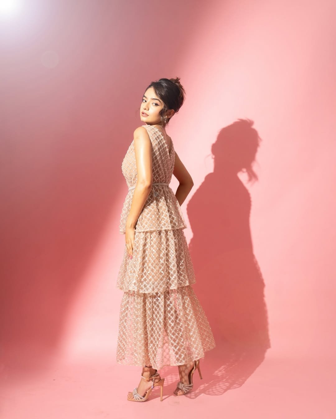 Anushka Sen Pastel Netted Gown Elegant Pink Backdrop Shoot (13)