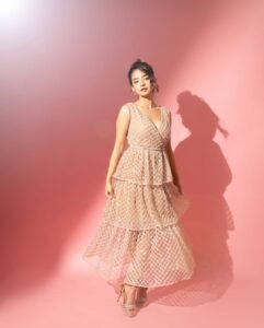 Anushka Sen Pastel Netted Gown Elegant Pink Backdrop Shoot (25)