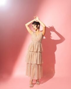 Anushka Sen Pastel Netted Gown Elegant Pink Backdrop Shoot (6)