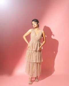 Anushka Sen Pastel Netted Gown Elegant Pink Backdrop Shoot (8)