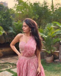 Anushka Sen Pastel Pink One-Shoulder Lehenga Garden Shoot (1)