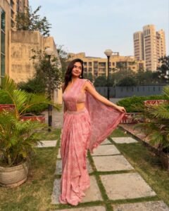 Anushka Sen Pastel Pink One-Shoulder Lehenga Garden Shoot (10)