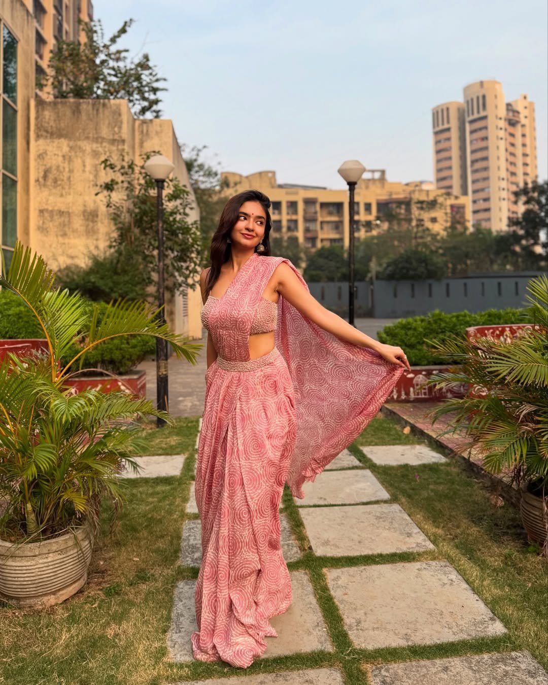 Anushka Sen Pastel Pink One-Shoulder Lehenga Garden Shoot (10)