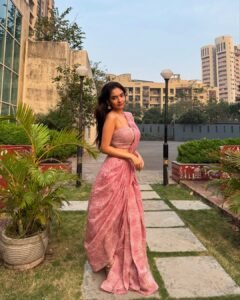 Anushka Sen Pastel Pink One-Shoulder Lehenga Garden Shoot (19)