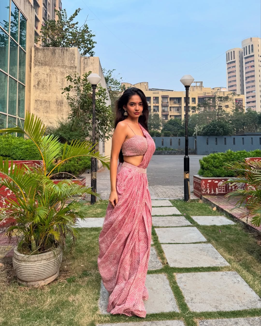 Anushka Sen Pastel Pink One-Shoulder Lehenga Garden Shoot (4)