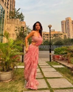 Anushka Sen Pastel Pink One-Shoulder Lehenga Garden Shoot (5)