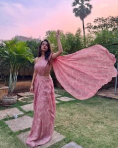 Anushka Sen Pastel Pink One-Shoulder Lehenga Garden Shoot (6)
