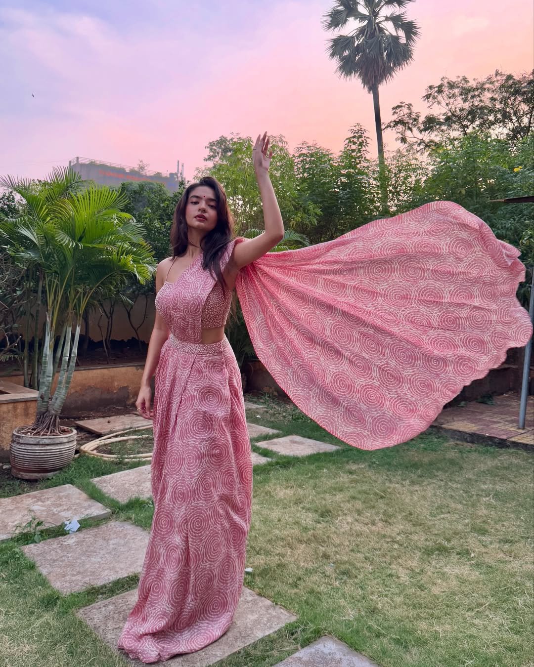 Anushka Sen Pastel Pink One-Shoulder Lehenga Garden Shoot (6)