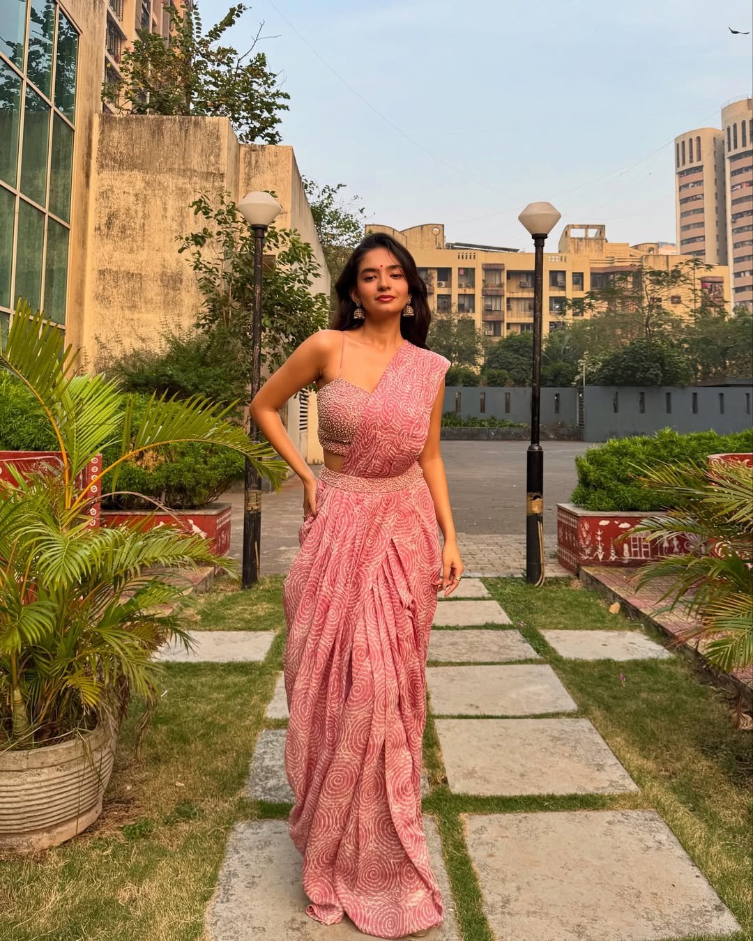 Anushka Sen Pastel Pink One-Shoulder Lehenga Garden Shoot (9)
