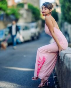 Indian actress Anushka Sen playful pink dress accessories