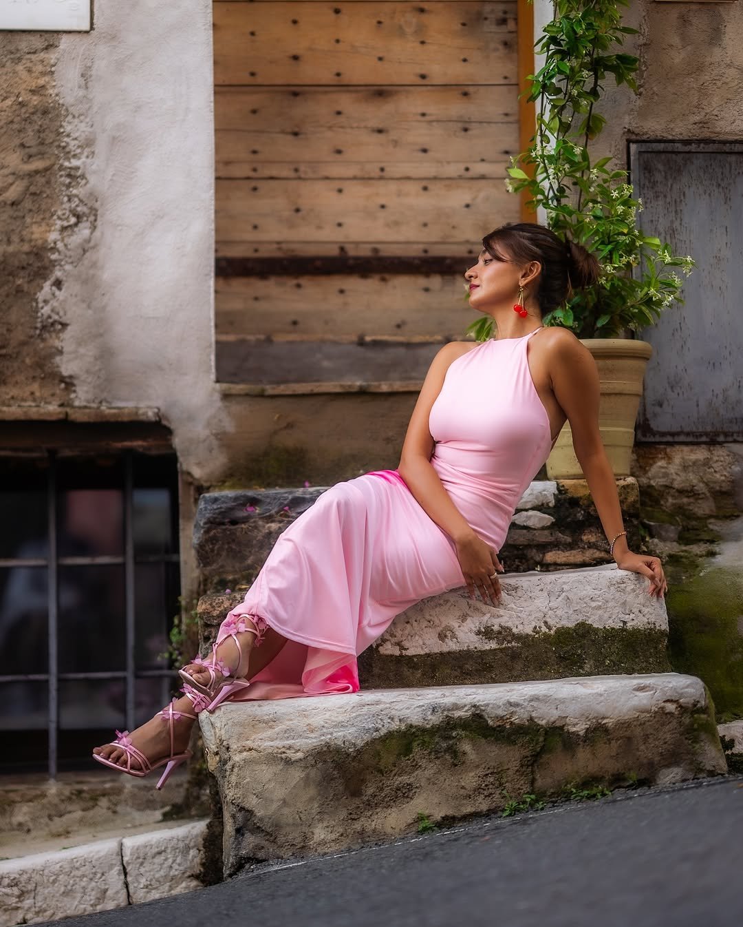 Anushka Sen Playful Pastel Pink Halter Dress – Cherry Statement Earrings (14)