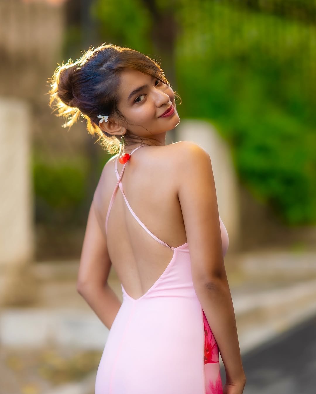 Anushka Sen Playful Pastel Pink Halter Dress – Cherry Statement Earrings (15)